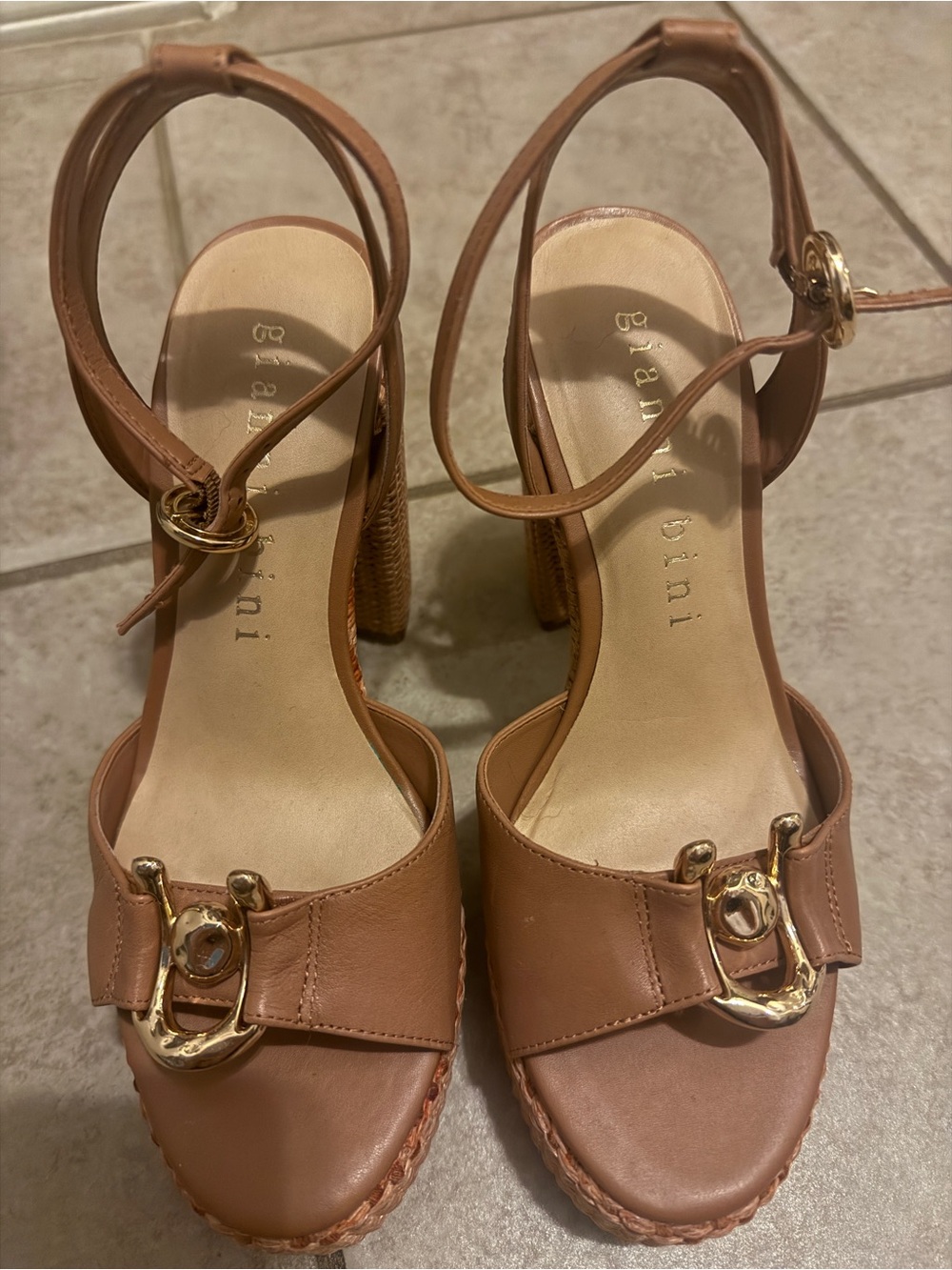 Gianni Bini Tan Leather Platform Sandals with Gold Buckle